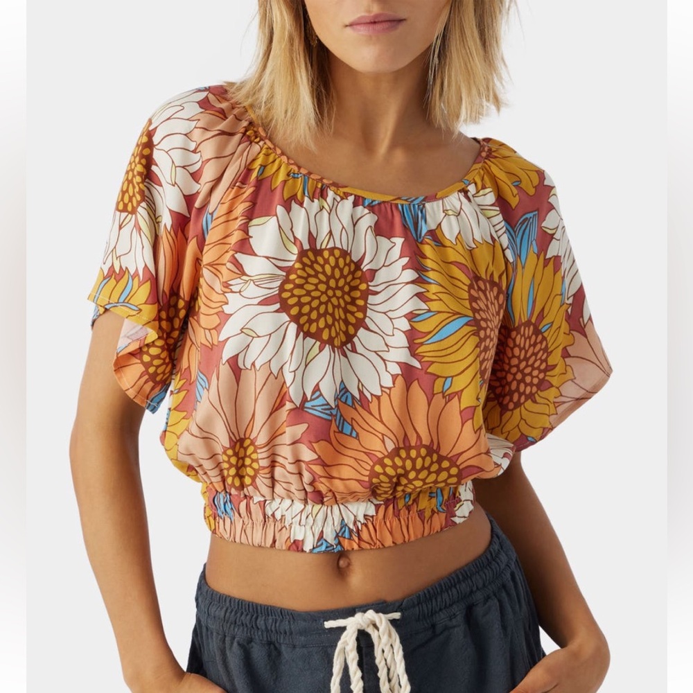 O’Neill Misty Floral Flutter Sleeve Crop Top Small Dusty Cedar